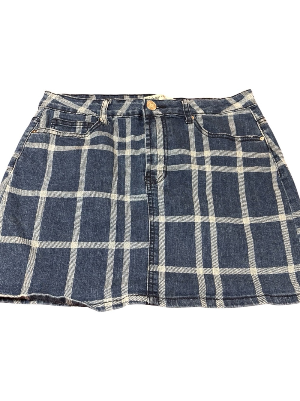 Indigo Rein Blue and Cream Plaid Denim Mini Skirt